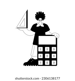 Person with calculator and ruler. Learning subject. Chafing and white line craftsmanship. Trendy style, Vector Illustration