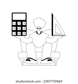 Person with calculator and ruler. Learning subject. Chafing and white line craftsmanship. Trendy style, Vector Illustration