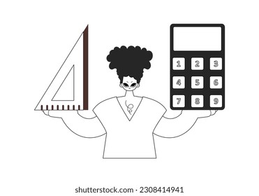 Person with calculator and ruler. Learning subject. Chafing and white line craftsmanship. Trendy style, Vector Illustration