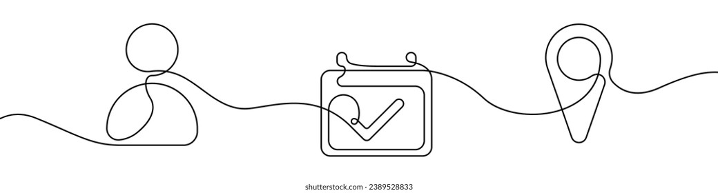 Persona, calendario, etiqueta de ubicación icono línea de dibujo continuo vector. Iconos Web de una línea para el fondo vectorial de icono de notificaciones. Icono de trabajo, tiempo, geolocalización. Esquema continuo de una actividad comercial