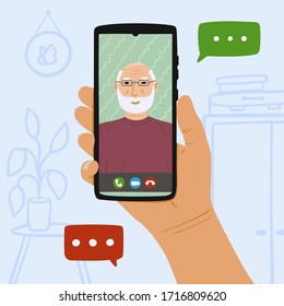 Person call grandfather throught online video on smartphone at home. Concept Stay at home and call your parents from video chart. Hand drawn vector illustration on blue background with furniture.