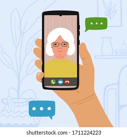 Person call grandmother throught online video on smartphone at home. Concept Stay at home and call your parents from video chart. Hand drawn vector illustration on blue background with furniture.