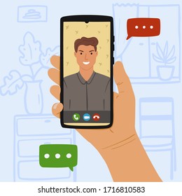 Person call young man throught online video on smartphone at home. Concept Stay at home and call your friend or lover from video chart. Hand drawn vector illustration on blue background with furniture