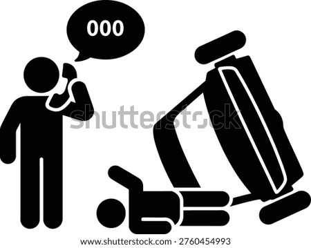 Person calling emergency services for someone lying on the floor near a large piece of equipment