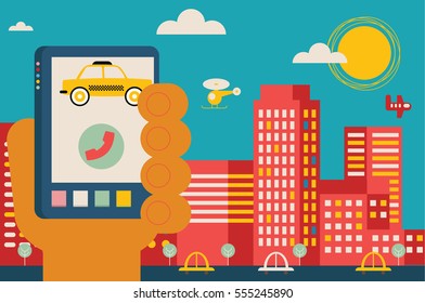 Person calls a cab using an app on his mobile phone