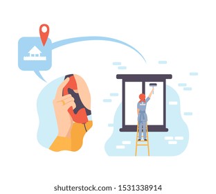 Person calls for window washer vector illustration