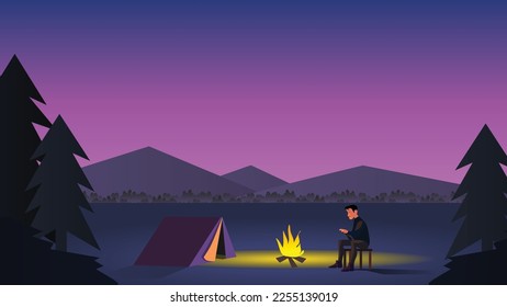 Person camping in beautiful night view with bonfire