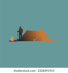 Una persona acampando con una ilustración vectorial de fogata