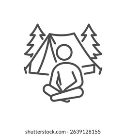 Person camping, sitting by the tent icon. Thin line editable stroke illustration for outdoor vacation, summer forest camping, tent holidays, and peaceful nature retreat