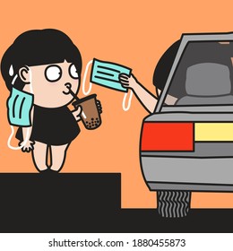 Person In The Car Gives Face Mask To The Girl Standing Outside For Protecting Viruses, Corona Virus, Flu, Covid 19 Concept Card Character illustration