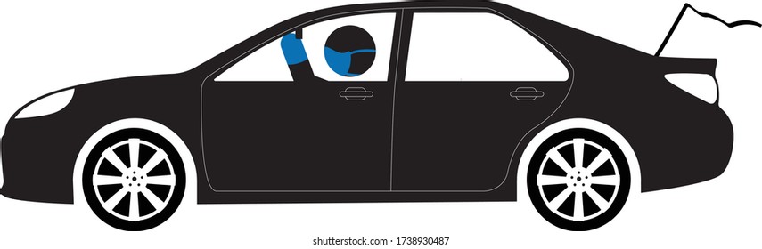 Person In Car With Mask And Gloves Looking In Rear View Mirror Vector Element For Curbside Pickup Illustration. 