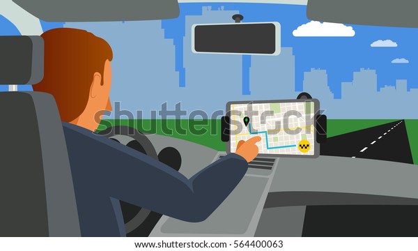 Person in car using app taxi on screen and map on\
multimedia system