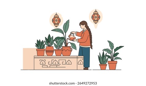 A person is carefully watering a variety of houseplants that are arranged on a shelf and on the floor