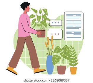 Person caring about plants. Smiling man carries pots with beautiful interior flowers with green leaves and branches. Organic decoration of apartment. Home gardening. Cartoon flat vector illustration