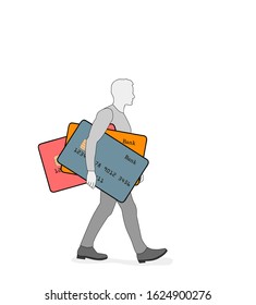 a person carries a lot of bank cards. Bank selection concept. accessibility to use different banks. vector illustration.