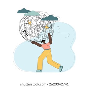 The person carries the burden of stress. Heavy burden on the shoulders. Difficulties, anxiety, crisis, work overload, big responsibility