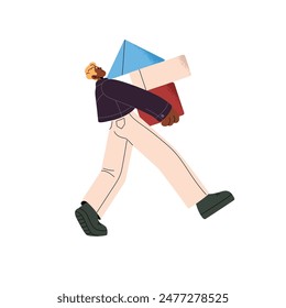 Person carries geometric shapes. Lonely office worker overcomes problems, challenges many tasks, projects. Hardworking people work alone concept. Flat isolated vector illustration on white background