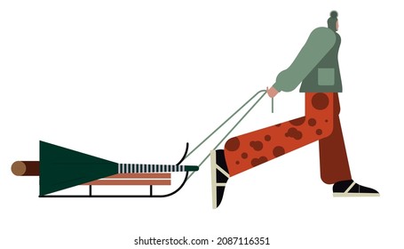 Person carrying Christmas fir tree on sled on winter holidays time. Vector illustration flat design.
