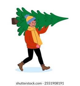 Person carrying a Christmas tree through the snow on a winter day