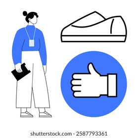 Person carrying clipboard, side profile shoe, thumbs up icon in circle. Ideal for fashion, retail, business presentations, user feedback, product reviews, clip art, social media. Line metaphor