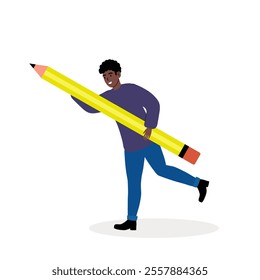 Person carrying a giant yellow pencil with a cheerful expression in a playful setting