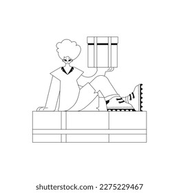 Person carrying gift box. Delivering mail. Clean, simple look. Vector art.