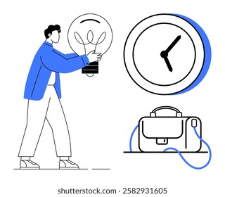 Person carrying a light bulb nearby clock and briefcase symbolizes time management, work, creativity, and productivity. Ideal for business strategy, project planning, innovation sessions, time