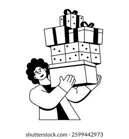 Person carrying lots of birthday presents, glyph illustration
