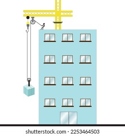 Una persona cargando materiales en el techo de un apartamento con grúa. Imagen de ejemplo para preguntas reales en física