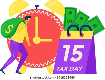 Person carrying money bag beside large clock and calendar marked tax day. Tax deadline concept, financial calendar reminder vector illustration.
