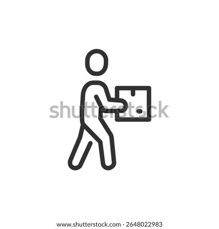 Person carrying package, linear icon. Delivery service and manual handling. Line with editable stroke.