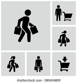 Person carrying shopping bags vector icons