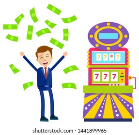 Person in casino vector, slot machine with numbers and floral symbol flat style. Lucky seven, businessman with fortune wheel, banknotes winning dollars. Money pours on a man. Win jeckpot