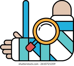 A person with a cast on their arm is holding a magnifying glass. Concept of curiosity and investigation, as if the person is examining their injury or trying to understand what happened
