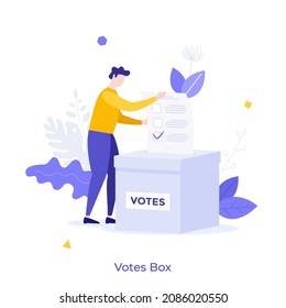 Person casting ballot into slot in box at polling station. Concept of voting, choosing option on referendum, electing candidate on governmental elections. Modern flat vector illustration for banner.