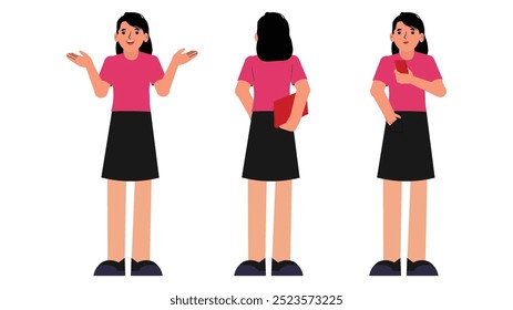 a person in casual clothing, showcasing different poses. The character holds a phone, stands with a folder, and gestures while engaging in conversation.