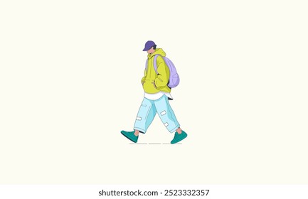 A person casually walking, wearing a hoodie, backpack, and loose jeans.