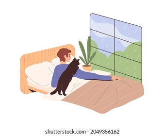 Person And Cat Looking Through Window And Rain Outside. Man Lying And Relaxing In Comfort In Cozy Bed Under Blanket At Home In Rainy Weather. Flat Vector Illustration Isolated On White Background