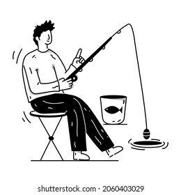 Person catching fish, hand drawn illustration of fishing 