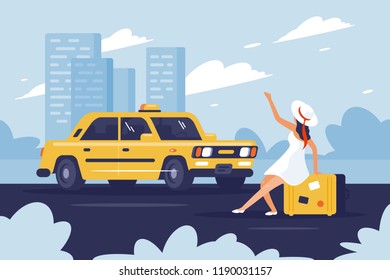 Person catching taxi on the road next to the city.