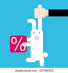Person catching white rabbit with discount sign. Vector