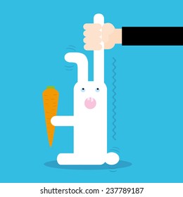 Person catching white rabbit with stolen carrot. Vector