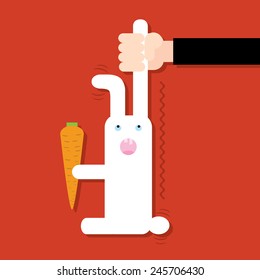 Person catching white rabbit with stolen carrot on red background. Vector