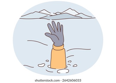 Person caught in avalanche stretches out hand and snowdrift to signal for help and attract attention of rescuers. Traveler is in trouble after uncontrollable natural disaster triggered avalanche
