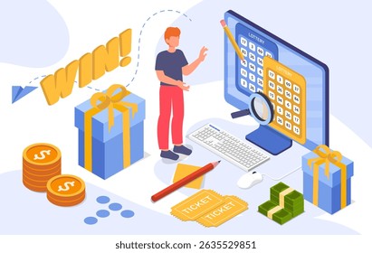 A person celebrates winning an online lottery with tickets, coins, cash, and gifts on a white background, showing digital success and fortune concept. Vector illustration