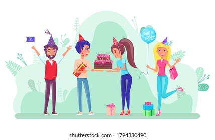 Person celebrating birthday vector, woman with cake making wish. Friends wearing celebration caps and flags, balloon and presents for lady festive mood
