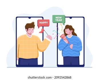 Person celebrating the new year with online video call. New year Party online, video call. Celebrating New year while Covid 19 Coronavirus pandemic. happy friends on video chat. 