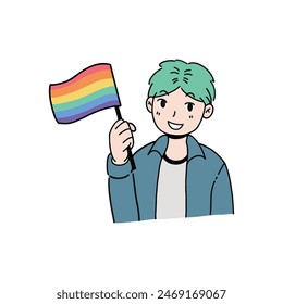 Eine Person, die den Pride Month feiert, während sie die Regenbogenflaggen-Vektorgrafik hält