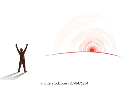 person celebrating success at sunrise illustration: silhouette of man standing with arms raised above head