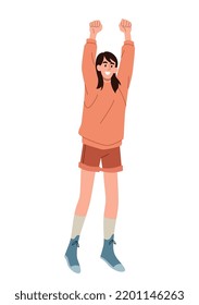 Person celebrating success. Young smiling teenager girl rejoices in winning competition. Happy positive character raising hands up. Cartoon flat vector illustration isolated on white background